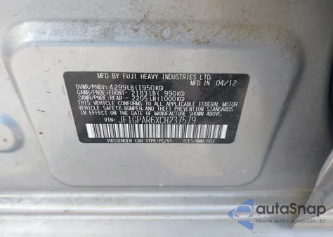 2012 Subaru Impreza 2.0I Sport Limited from USA, damaged, VIN JF1GPAR6XCH237579